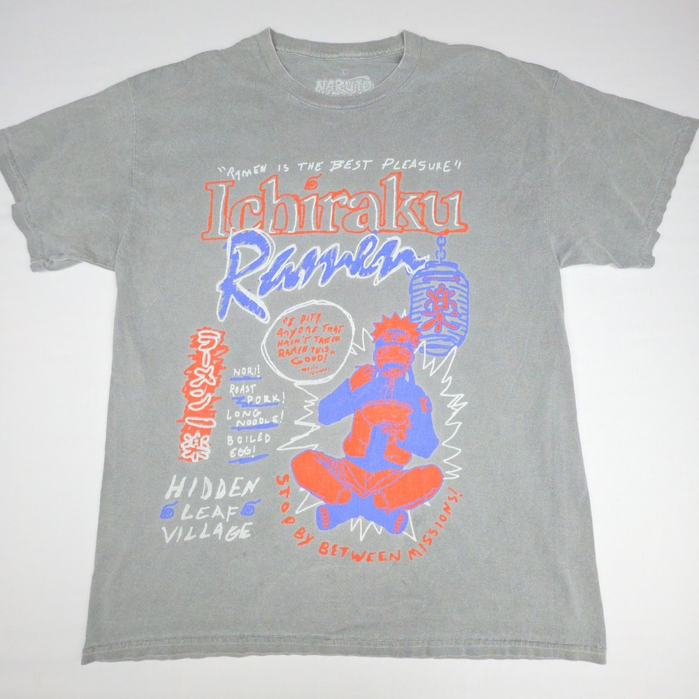 Naruto Shippuden Ichiraku Ramen T-Shirt Men Large Gray Hidden Leaf Cotton